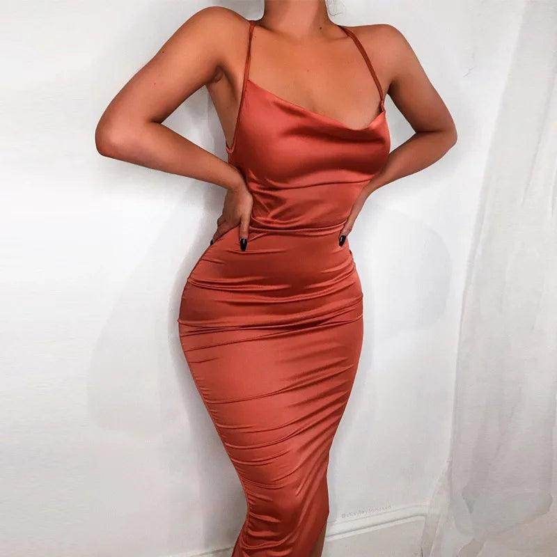 Neon Satin Lace Up Midi Dress Sexy Backless Party - P12 Hub Europe