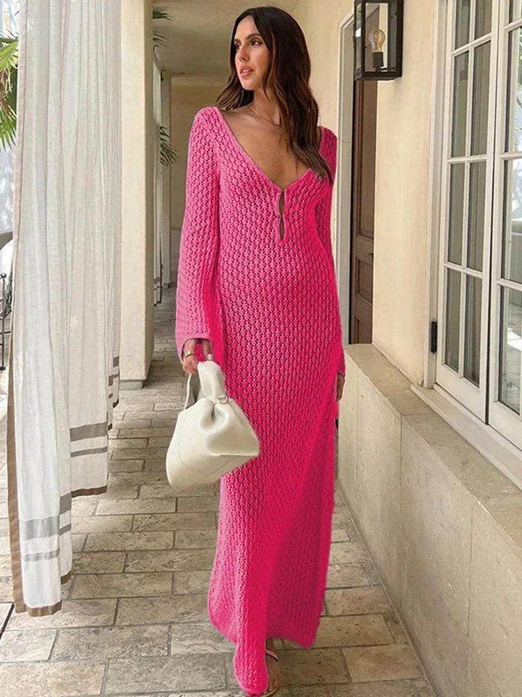 Knitted Crochet Cover-Up Maxi Dress Backless V-Neck Beach - P12 Hub Europe