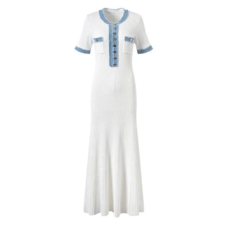 Talenza V-Neck Maxi Dress - Denim Patchwork Office Style - P12 Hub Europe