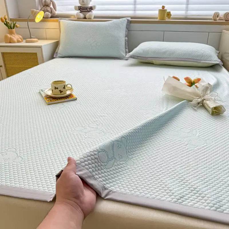 Jacquard Cartoon Bear Cooling Feel Bed Sheet Ice Silk Summer Bedspread Single Queen King Size Elastic Band Fixed Fitted Cover - P12 Hub Europe