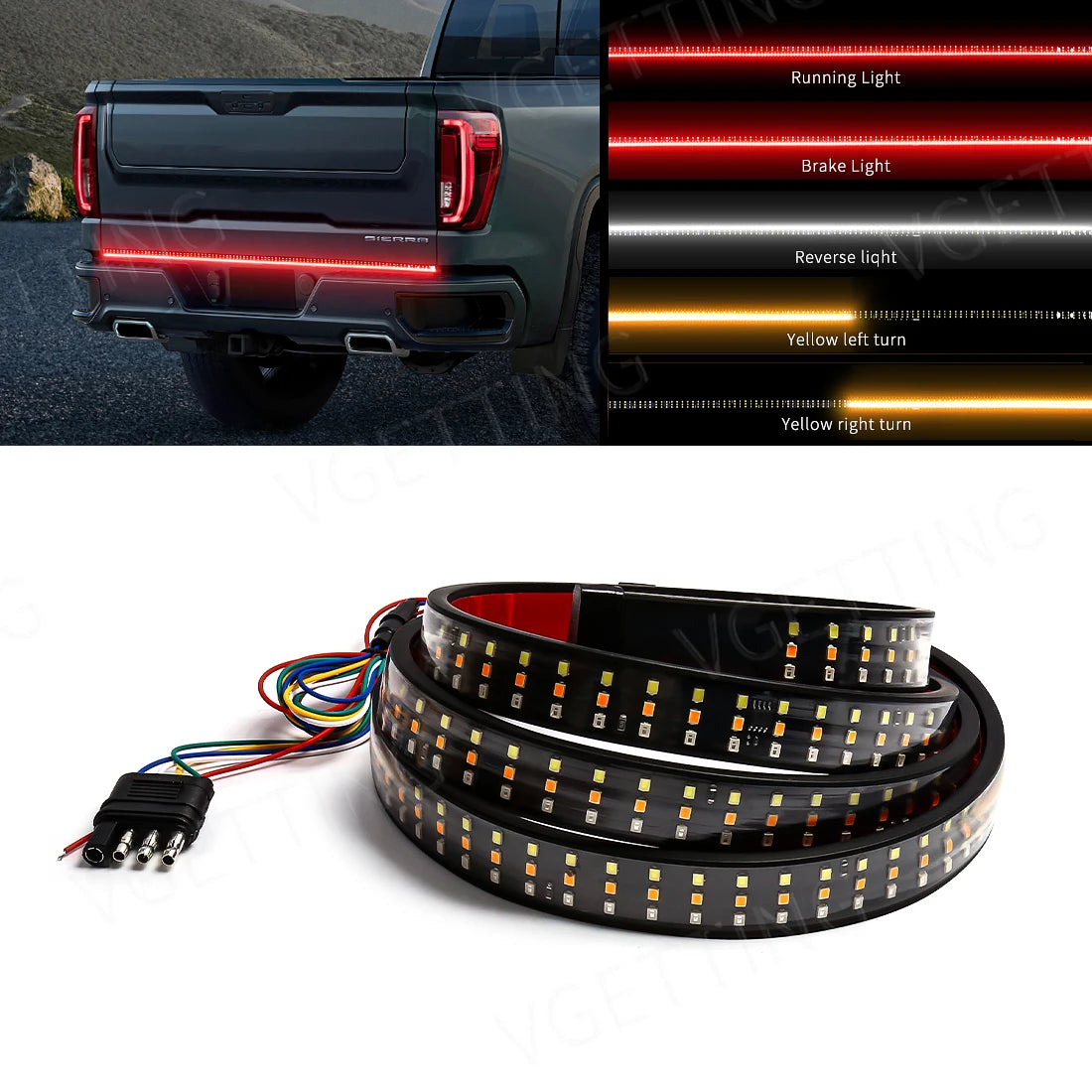 60 Inch Triple Row LED Light Bar for Truck Tailgate 5-Function Turn Signal Brake Warning Reverse Lamp Running Light for Pickup