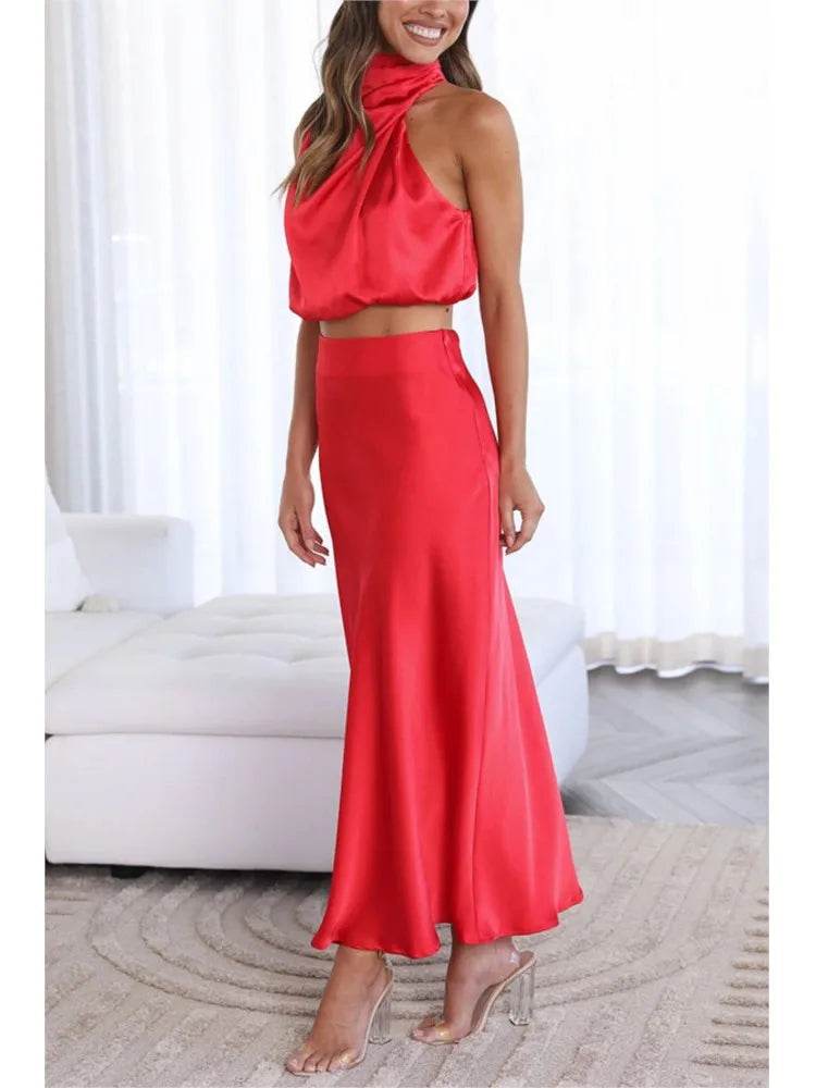Women Satin Off-Shoulder Skirt Set - P12 Hub Europe
