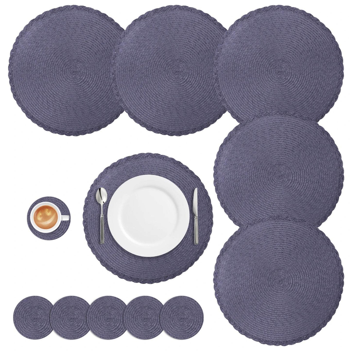 Round Braided Placemats Set of 6 Washable PP/PET Heat Resistant 34cm Table Place Mat for Kitchen Xmas Dining Table Party Decor - P12 Hub Europe