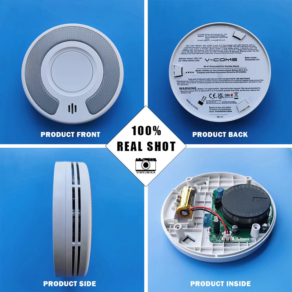 WiFi Tuya Smart Smoke Detector With Built-in 10 Year Lithium Battery For Parlor Room Kitchen Shop Fire Inspection Alarm Sensor