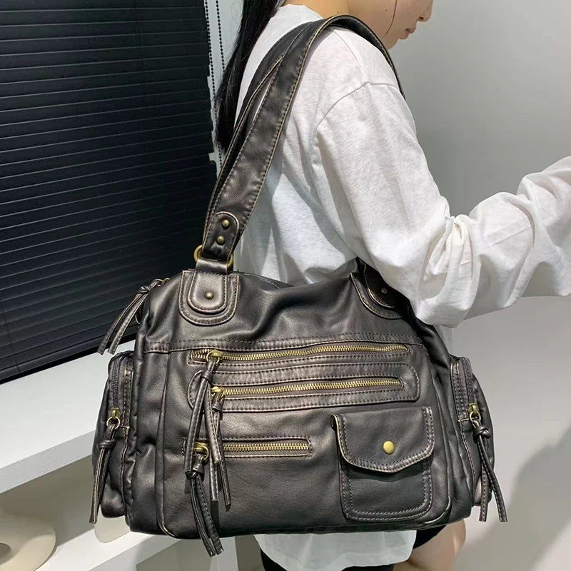 HAEX Women's Punk Biker Tote Bag Large Capacity PU Leather Crossbody Purse with Multi Pockets for Work Commute Moto Style