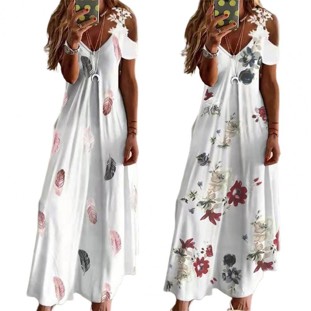 Feather Print Lace Sling Maxi Dress - Loose A-Line Summer Style - P12 Hub Europe