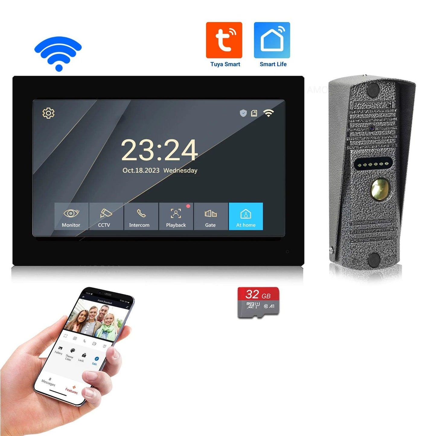 Video Intercom 1080P WiFi 7" Touch, Tuya App, 32G Card, Unlock