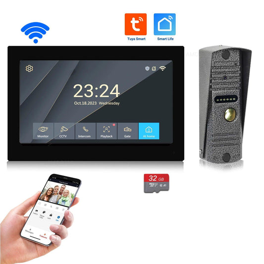 Video Intercom 1080P WiFi 7" Touch, Tuya App, 32G Card, Unlock