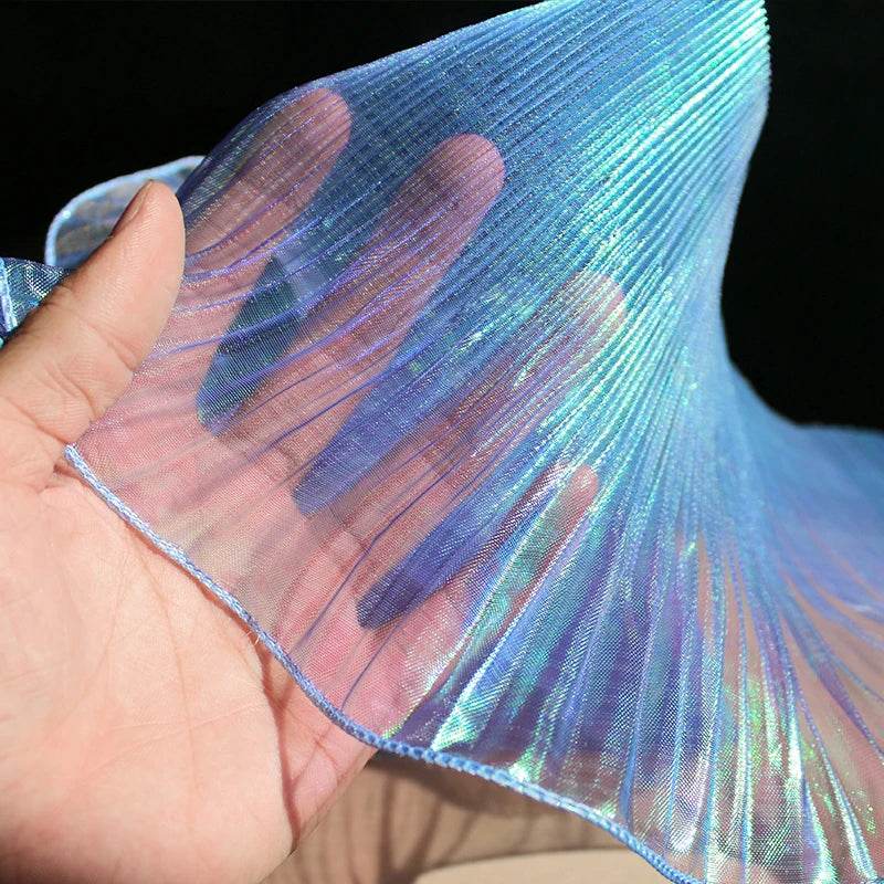 1 Yard Blue Lace Fabric Pleated Mermaid Effect Laser Neon Luster For Women Dress 15CM Wide - P12 Hub Europe