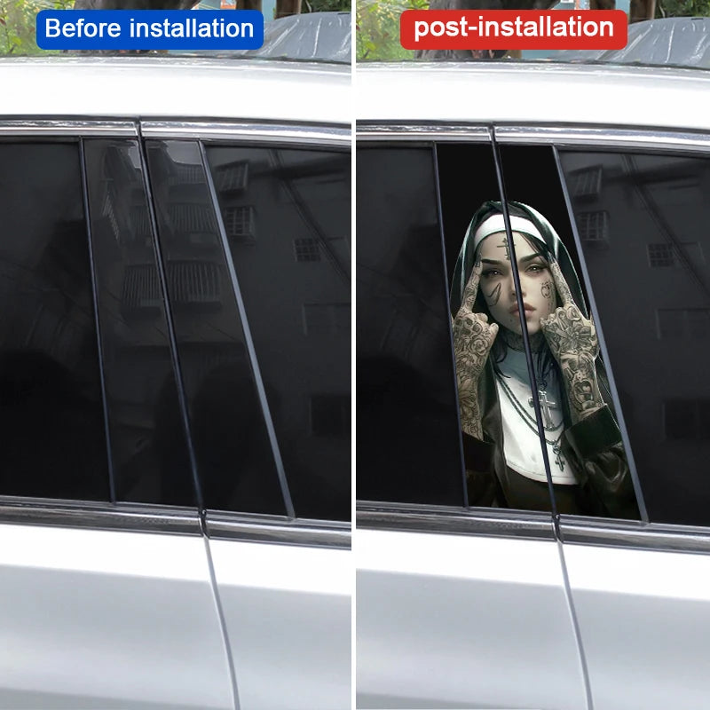 2pcs Smoking Nun Car Sticker Car B-Pillar Sticker DIY Car Door Pillar Decal Waterproof Decal Cover Scratched Decal Nun Sticker