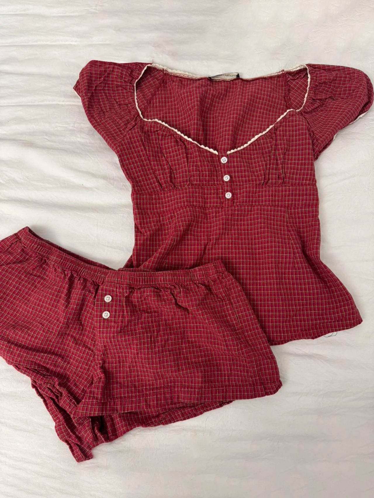 Red Plaid Puff Sleeve Shorts - P12 Hub Europe