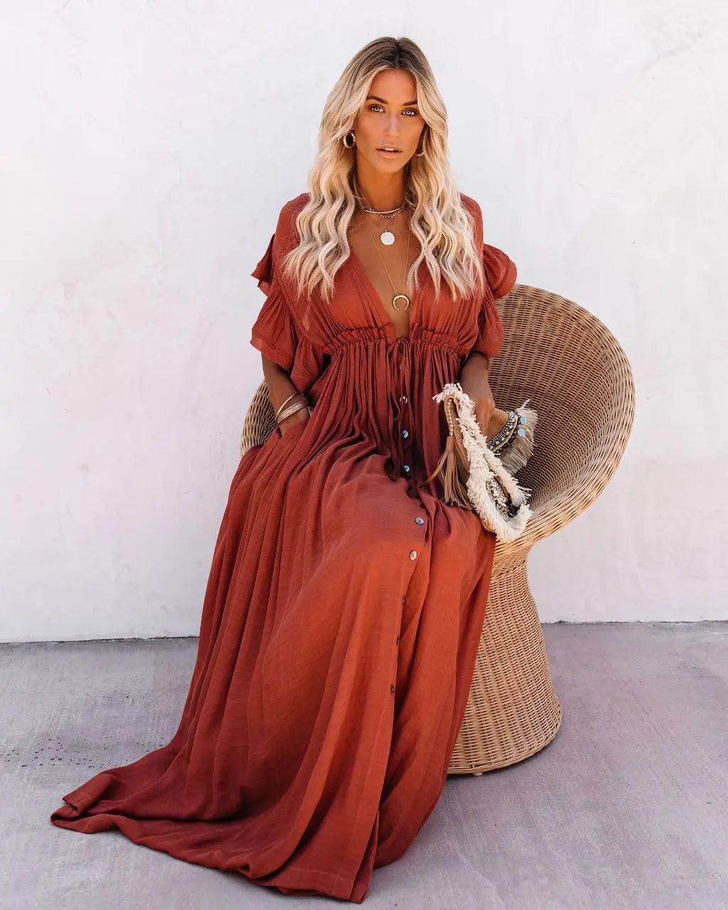 Long Bikini Cover Up V-Neck Kimono Beach Dress - P12 Hub Europe