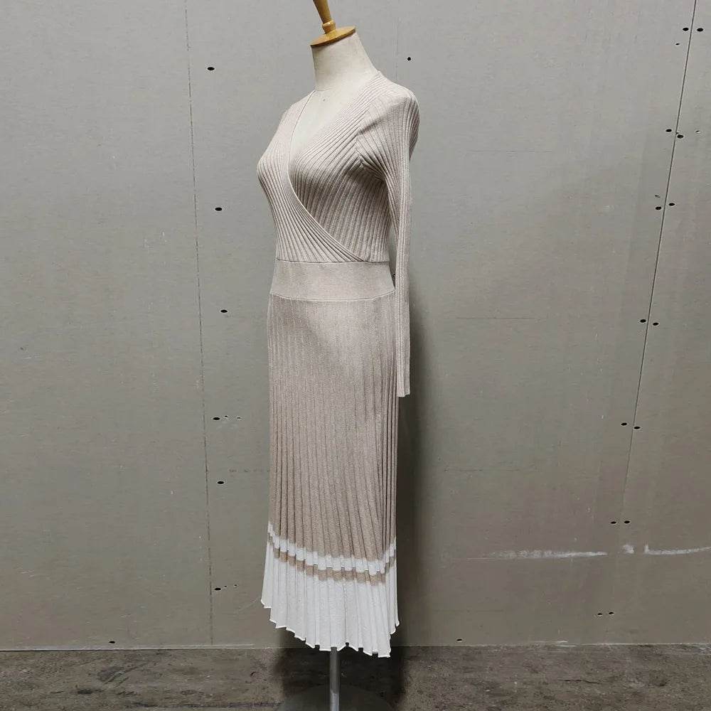 Tossy Ribbed V-Neck Knit Maxi Dress - Elegant Patchwork - P12 Hub Europe