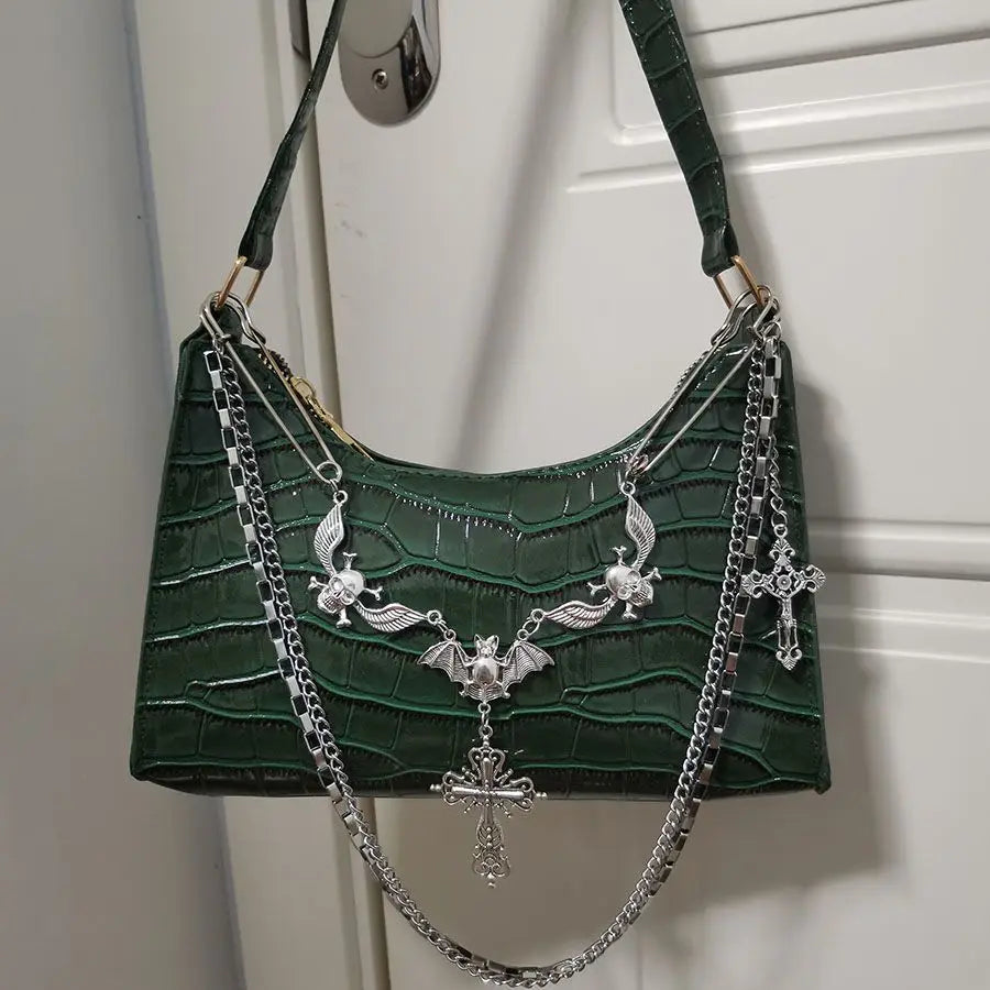 HAEX Y2K Harajuku Women's Bag 2024 Trend Gothic Skull Chains Handbags Female High Street Punk Cross Ladies Shoulder Bags