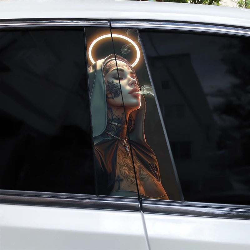 2pcs Smoking Nun Car Sticker Car B-Pillar Sticker DIY Car Door Pillar Decal Waterproof Decal Cover Scratched Decal Nun Sticker