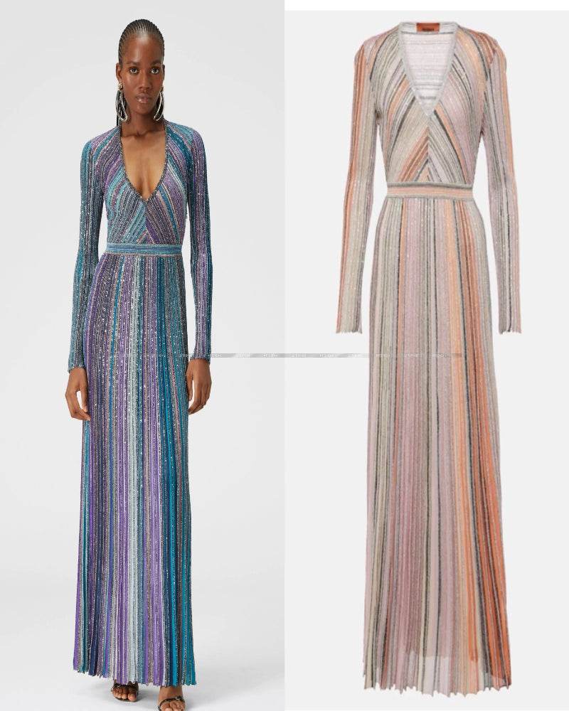V-Neck Knit Dress - Silk Color Mosaic & Stripe Waist - P12 Hub Europe