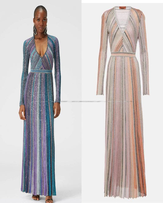 V-Neck Knit Dress - Silk Color Mosaic & Stripe Waist - P12 Hub Europe
