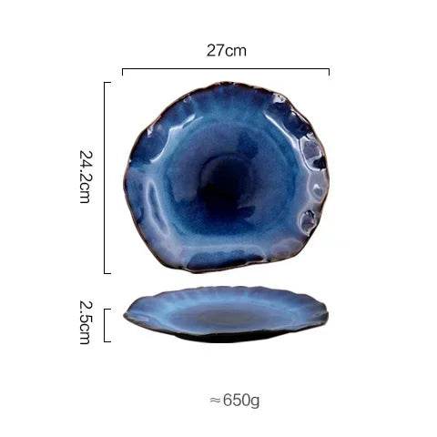 Ceramic Plates Deep Blue Irregular Flat Plate Pottery Dish Household Decoration Tableware Dinnerware Tray Hotel Kitchen Supplies - P12 Hub Europe