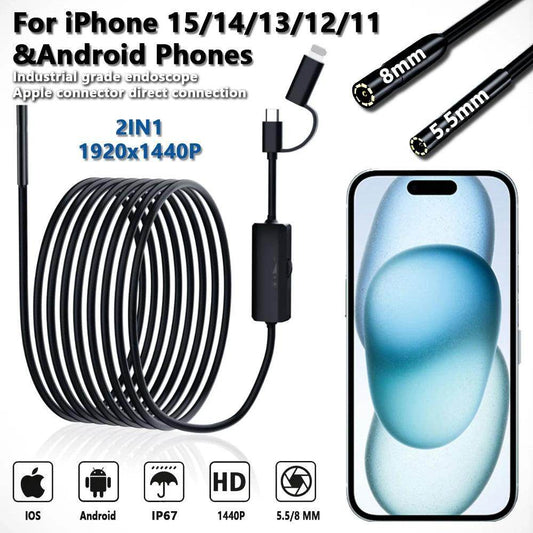 Endocope 8mm iOS/Android 1440P, LED, Car/Pipe Inspection - P12 Hub Europe