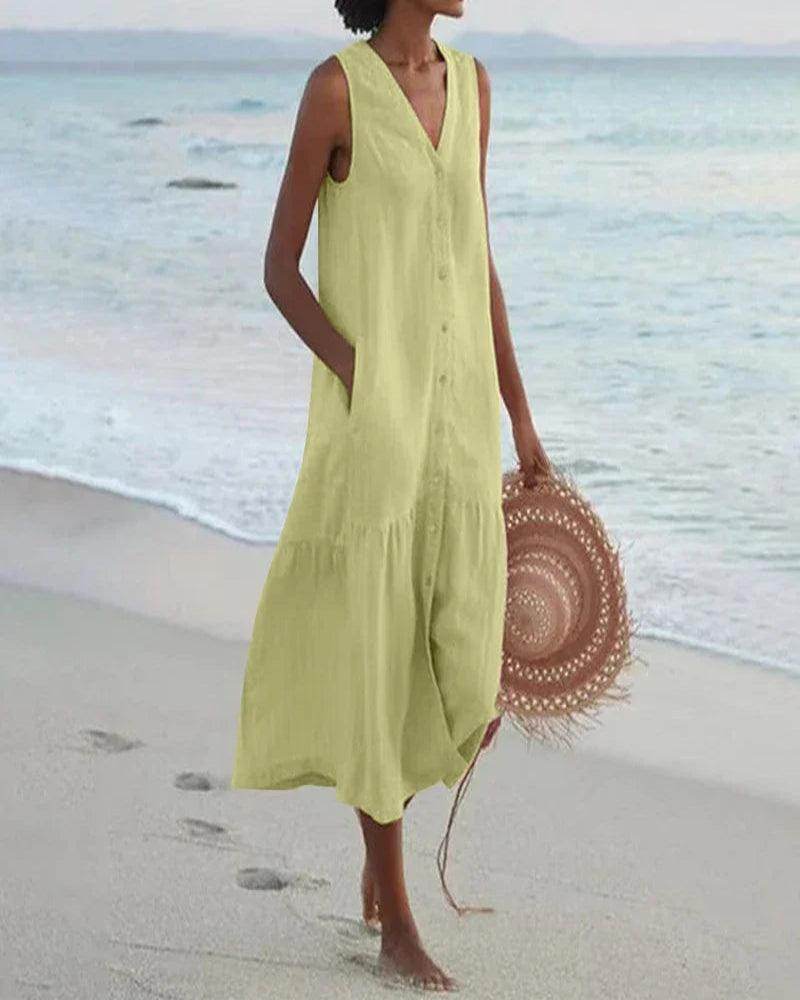 Loose Patchwork Cotton Midi Dress Sleeveless V-Neck Beach - P12 Hub Europe