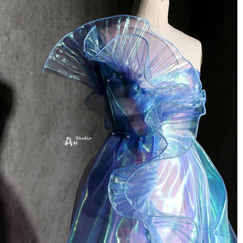 1 Yard Blue Lace Fabric Pleated Mermaid Effect Laser Neon Luster For Women Dress 15CM Wide - P12 Hub Europe