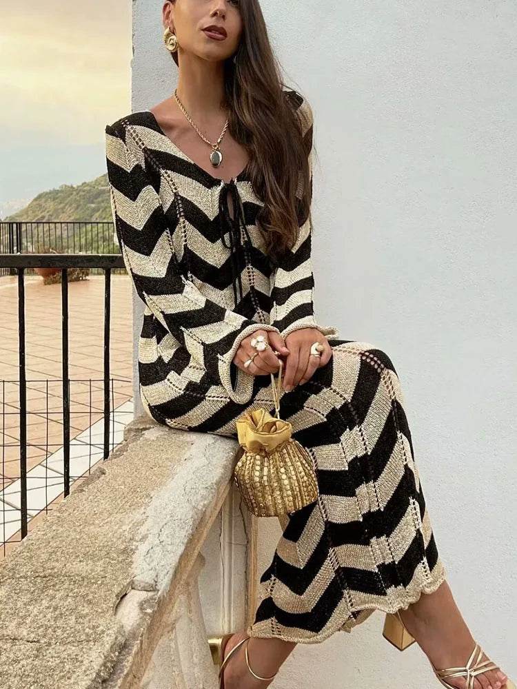 Hollow Out Lace Up Knit Dress - Contrast Stripes V-Neck - P12 Hub Europe