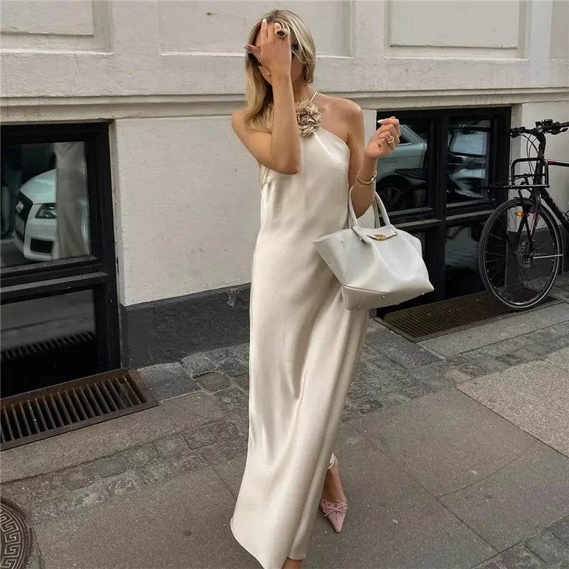Flower Halter Satin Dress - Backless Summer Party - P12 Hub Europe
