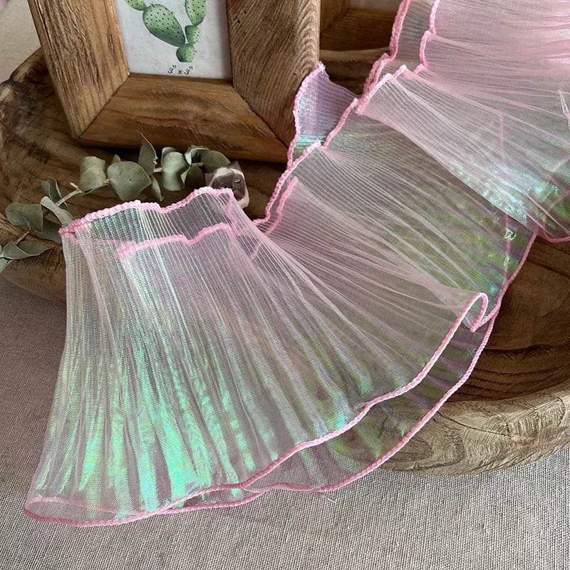 1 Yard Blue Lace Fabric Pleated Mermaid Effect Laser Neon Luster For Women Dress 15CM Wide - P12 Hub Europe