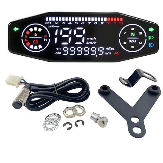 Universal Motorcycle LED Waterproof Digital Tachometer Dashboard Instrument with Turn Signal Fuel Gauge Y Bracket