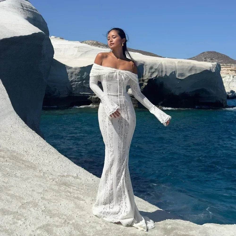 White Off Shoulder Lace Maxi Dress - Wedding Guest - P12 Hub Europe
