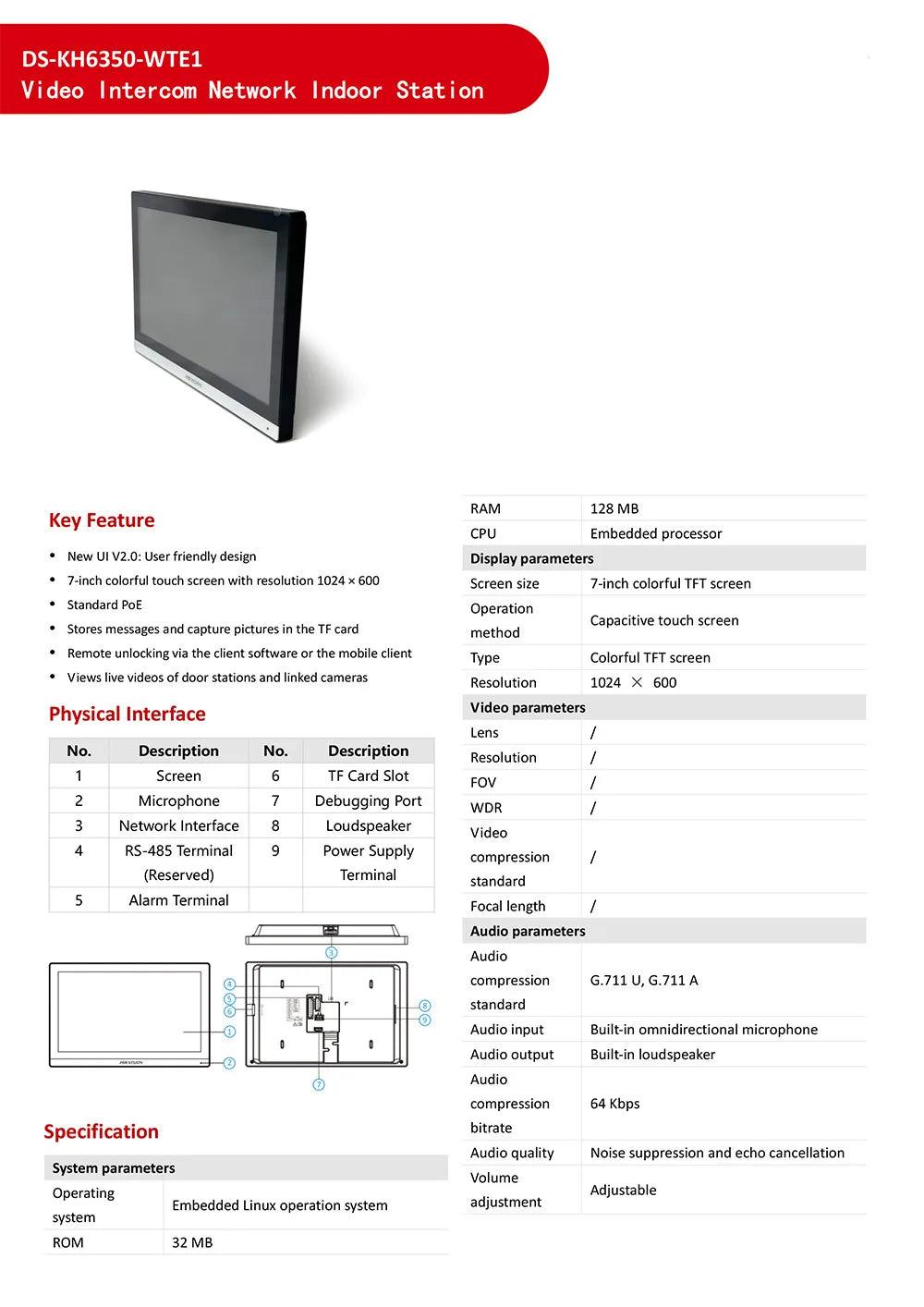 Video Intercom Hikvision IP 7" Touch, WiFi, PoE, Unlock, DMSS