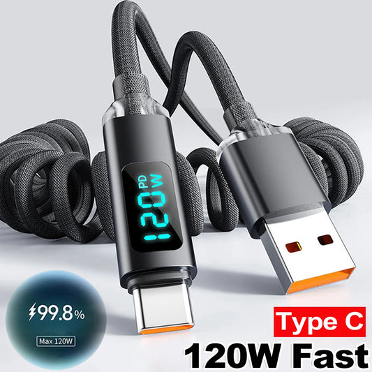 120W 6A Retractable USB C Cables Super Charging High-speed Data Transfer Cord for IPhone 16 15 Pro Samsung Type-C Spring Wire