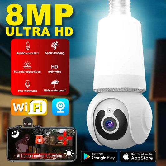 Bulb Camera 8MP WiFi E27, Color Night, AI Track, 10x Zoom - P12 Hub Europe