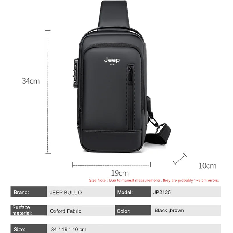 JEEP BULUO Hot New High Quality Men Chest Sling Bags Motorcycle Crossbody Shoulder Bag Travel Pack Anti-theft Male Fashion Brand