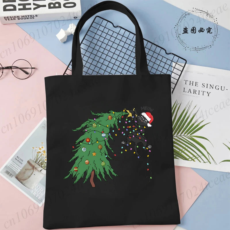 Black Cats Christmas Printed Shopping Bag Cartoon Canvas Tote Bag Eco Bag for Women Black Cats Christmas Reusable Tote Handbags