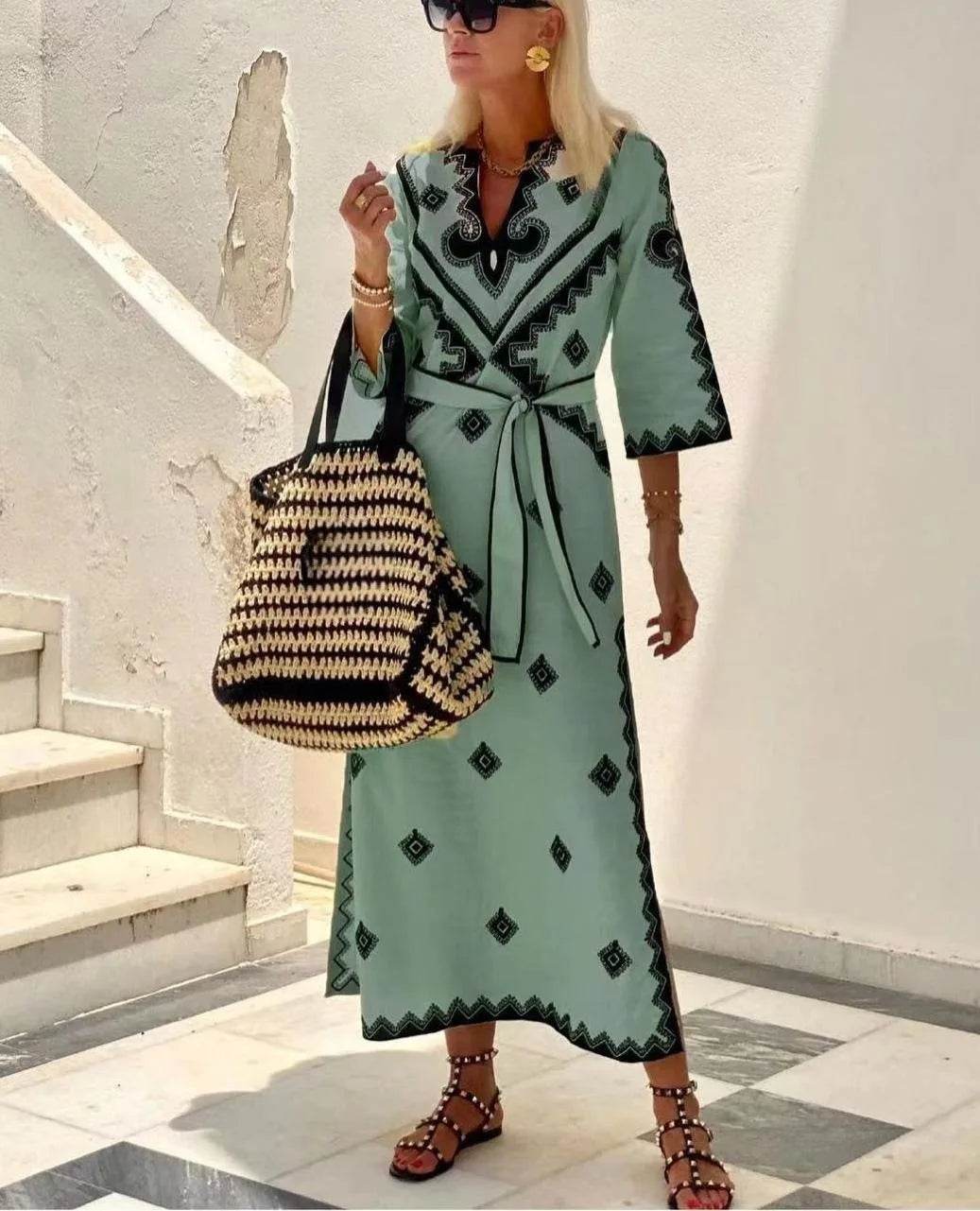 Bohemian V-Neck A-Line Dress 5/4 Sleeve - P12 Hub Europe