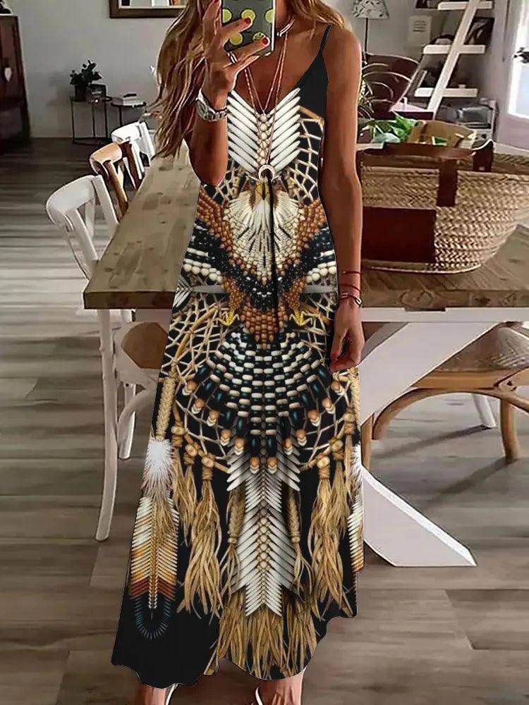 3D Owl Print Boho Maxi Dress Sleeveless Tribal - P12 Hub Europe