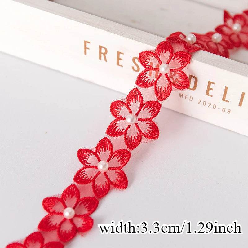 Stunning! Flower - pearl beaded lace ribbon with beaded fringe. Ideal for handmade dresses, adding unique charm. - P12 Hub Europe
