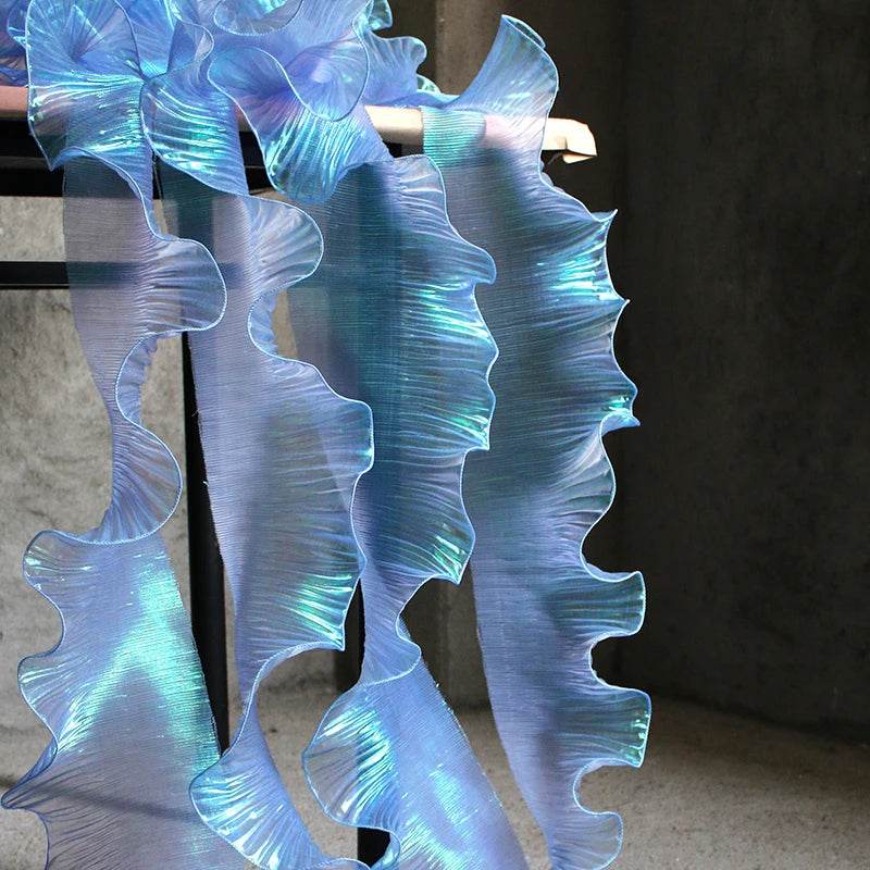 1 Yard Blue Lace Fabric Pleated Mermaid Effect Laser Neon Luster For Women Dress 15CM Wide - P12 Hub Europe