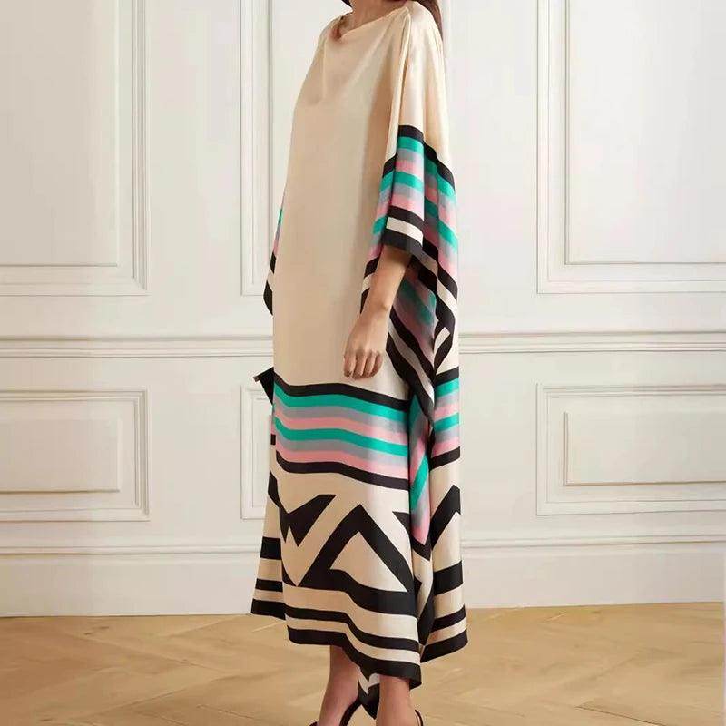 Candy Stripe Patchwork Kaftan Maxi Dress Boho Batwing Sleeve - P12 Hub Europe