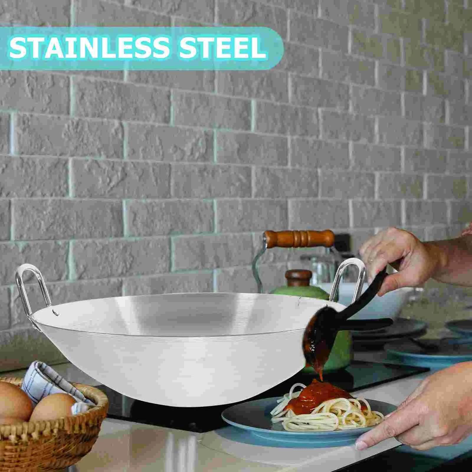 32 Double Ear Stir Fry Pan Practical Wok Stainless Steel Frying Pan Kitchen Cookware Deep Fryer Skillet Cooking Pot Round Bottom - P12 Hub Europe