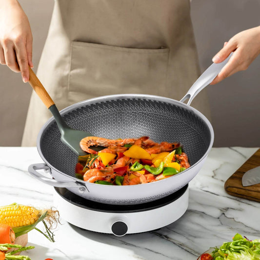 Silver 1L 12 Inch Covered Stainless Steel Pan With Honeycomb Coating Woks & Stir-fry Pans with Honeycomb Coating For Frying - P12 Hub Europe
