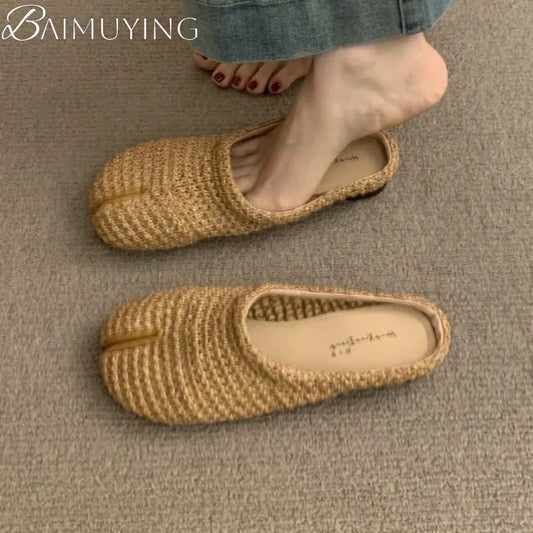 Weave Women Split Toe Sandals Flats Casual Slippers Mules Shoes Woman Summer 2025 Trend Comfort Slides Dress Sandalias De Mujer
