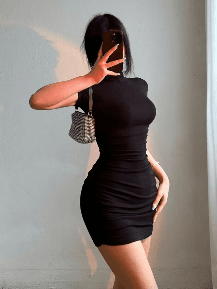 Half Collar Pleated Mini Dress - Sexy Bodycon Party Style - P12 Hub Europe