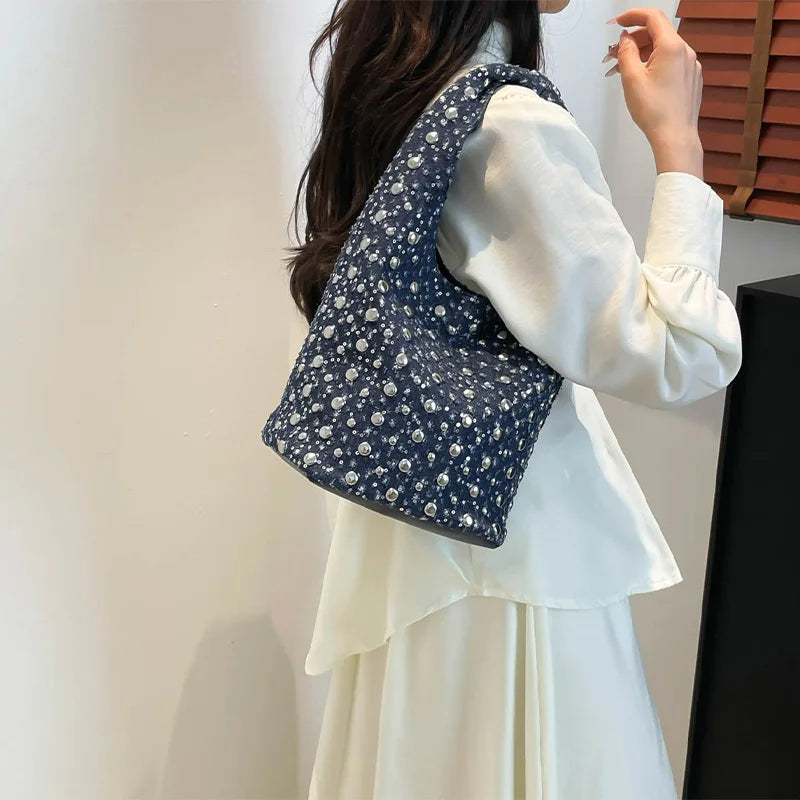 Denim Sequin Rivet Underarm Shoulder Bag,Vintage Metal Stud Motorcycle Style Handbag,Designer Blue Chic Women Bucket Tote Bags