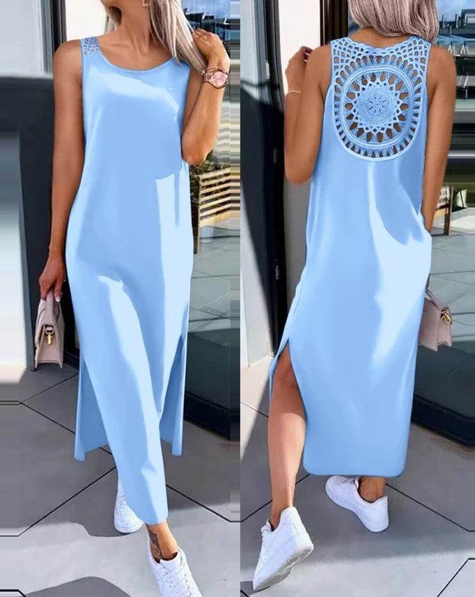 Casual Hollow-Out Slit Midi Dress Sleeveless Round Neck - P12 Hub Europe