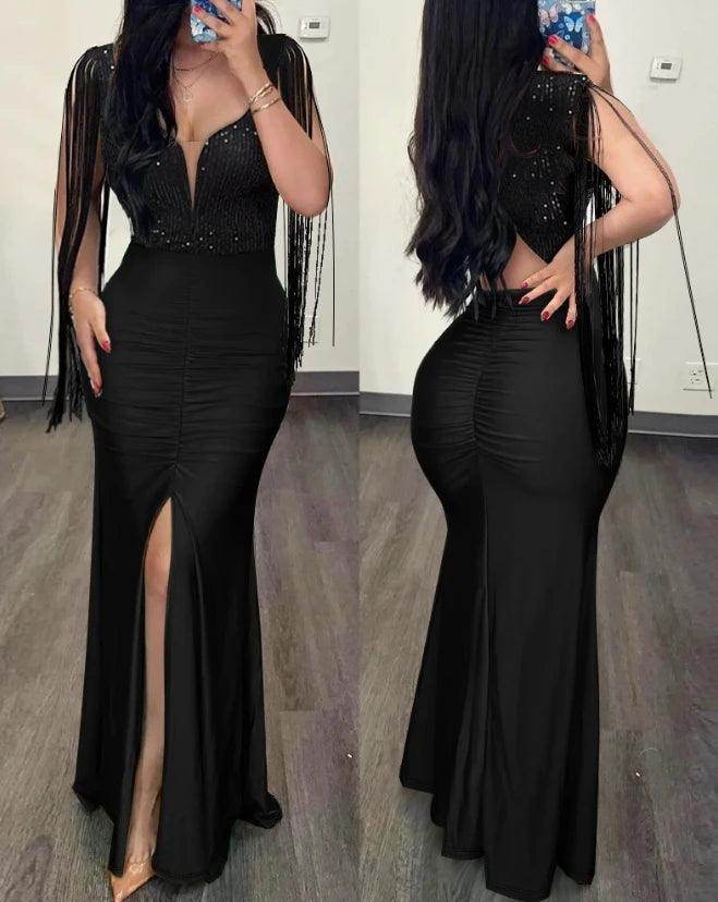Sequin Ruched Slit Dress Sexy Elegant Evening Gown - P12 Hub Europe