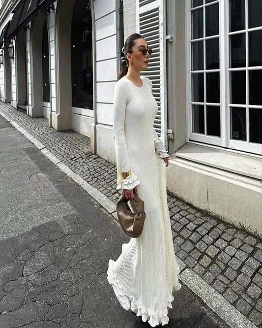 Long Dress White Elegant Ruffles Pleated O Neck Flare Sleeve - P12 Hub Europe