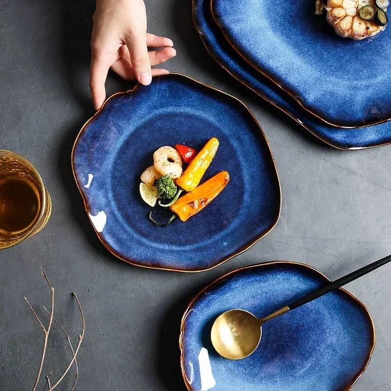 Ceramic Plates Deep Blue Irregular Flat Plate Pottery Dish Household Decoration Tableware Dinnerware Tray Hotel Kitchen Supplies - P12 Hub Europe