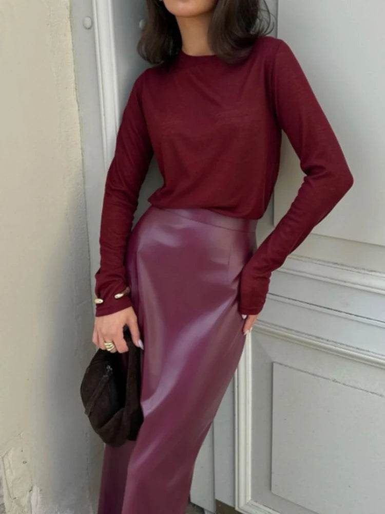 Women's Burgundy PU Slit Skirt - P12 Hub Europe